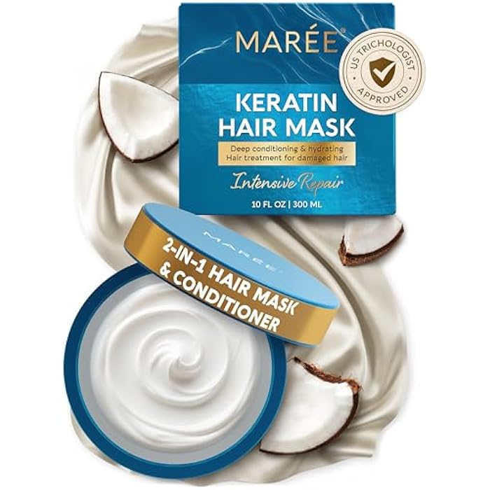 MAREE Deep Hair Mask & Conditioner - Hydrating & Deep Conditioning Hair Mask with Coconut Oil & Keratin for Fine, Curly & Frizzy Hair - Biotin & Collagen Moisturizing Conditioner for Dry Bleached Hair - Image 1